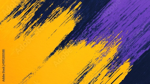 A vibrant abstract design featuring bold strokes of yellow and purple against a dark background, creating a dynamic visual contrast.