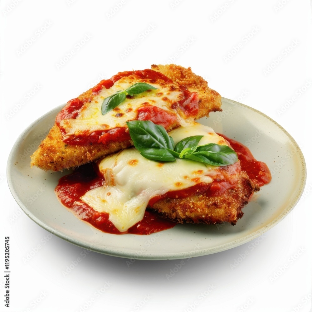 A delicious plate of chicken parmesan with breaded chicken, marinara sauce, and melted mozzarella A delicious plate of chicken parmesan with breaded chicken, marinara sauce, and melted mozzarella