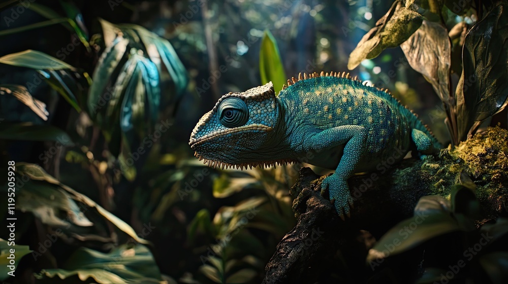 A Vivid Blue Chameleon Perched on a Branch in Lush Foliage A Vivid Blue Chameleon Perched on a Branch in Lush Foliage