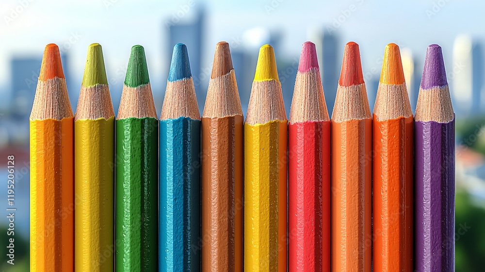Colorful pencils arranged in a row against a blurred city background. Colorful pencils arranged in a row against a blurred city background.