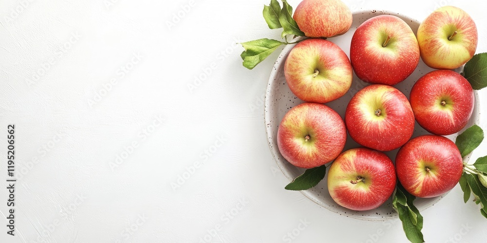 Vibrant red and yellow apples neatly arranged in a circular plate on a light background with green leaves providing a fresh touch and ample copy space. Vibrant red and yellow apples neatly arranged in a circular plate on a light background with green leaves providing a fresh touch and ample copy space.