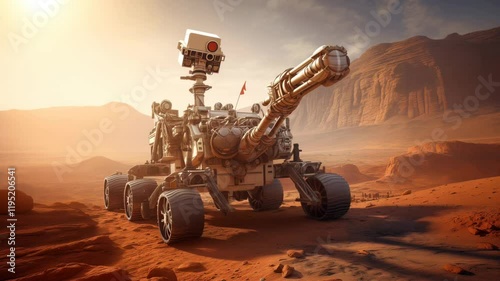 Futuristic robotic rover exploring a Martian landscape, equipped with multiple scientific instruments, standing amidst a barren desert of the Red Planet