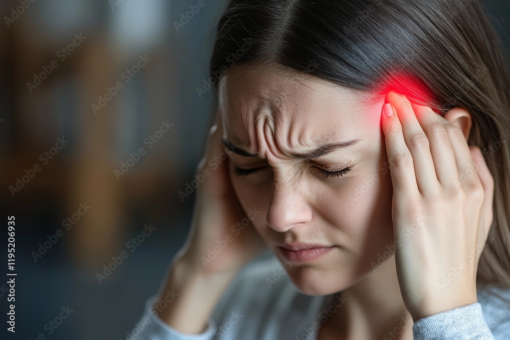 Fototapeta premium Woman experiencing severe headache in a dimly lit indoor space while holding her temples