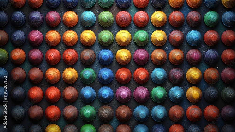Colorful crayons arranged in a grid pattern on a dark surface. Colorful crayons arranged in a grid pattern on a dark surface.