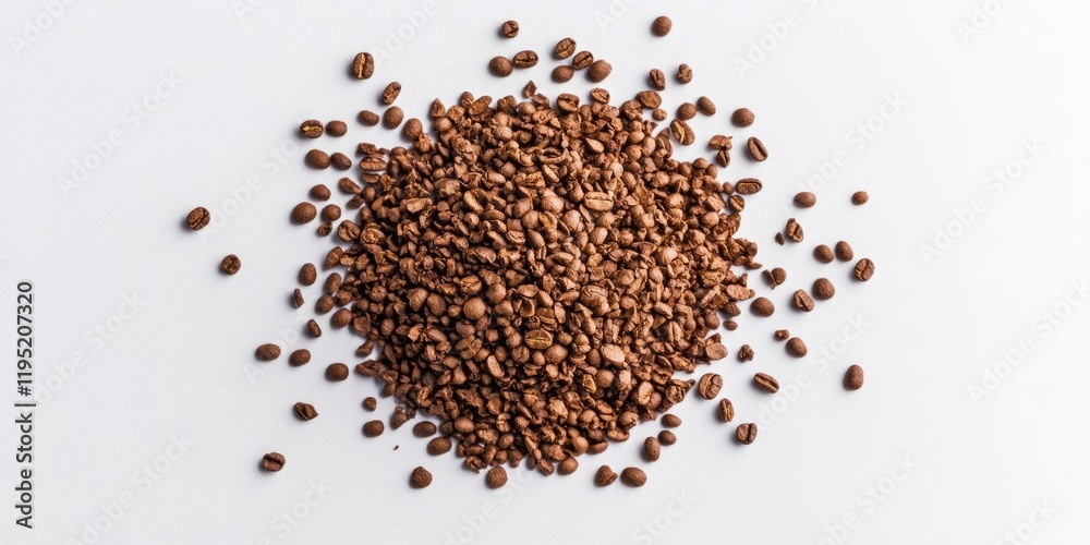 Freeze-dried coffee granules scattered on a clean white surface showcasing rich brown colors and texture in a top-down view composition Freeze-dried coffee granules scattered on a clean white surface showcasing rich brown colors and texture in a top-down view composition