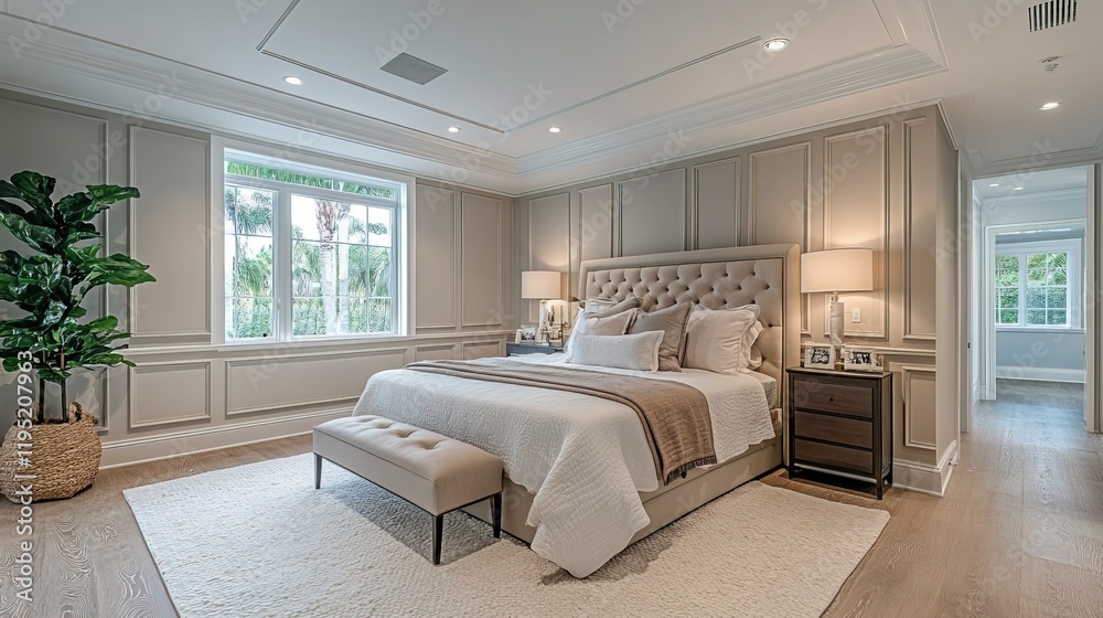 Fototapeta premium Elegantly designed master bedroom features wainscoting 