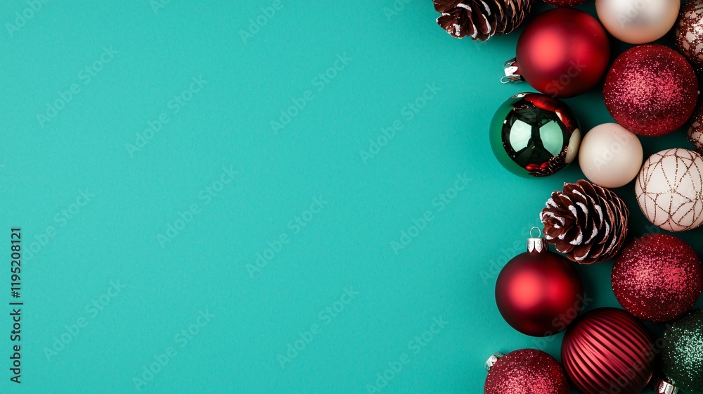 Christmas ornaments and pine cones on teal background. Christmas ornaments and pine cones on teal background.