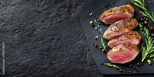 Sliced fresh duck breast garnished with herbs and spices on a dark slate board against a textured black background highlighting gourmet cuisine.