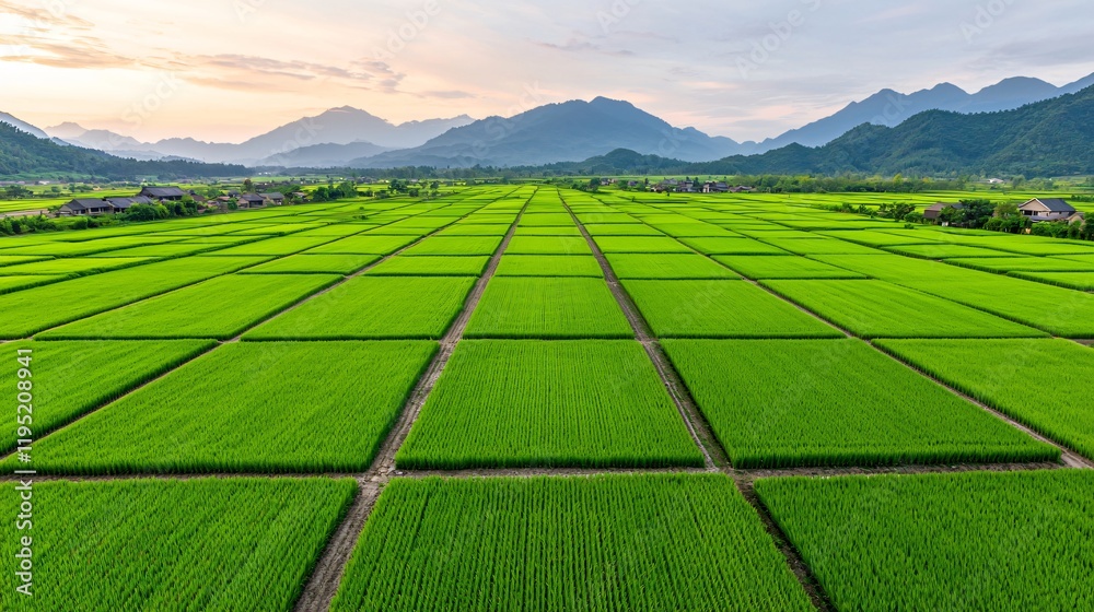 Obraz premium Aerial view of vibrant green rice paddies in a valley, surrounded by mountains at sunset.