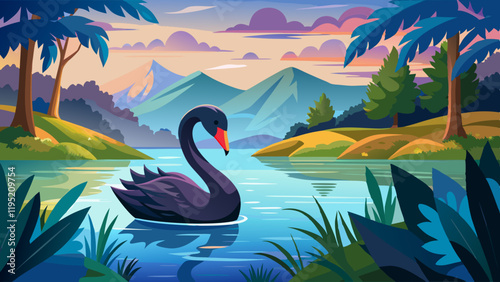 Beautiful black swan swimming on a lake in the morning.