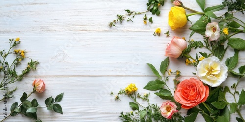 Colorful arrangement of pink yellow white flowers and green leaves on light wooden surface with empty space for text on right side photo