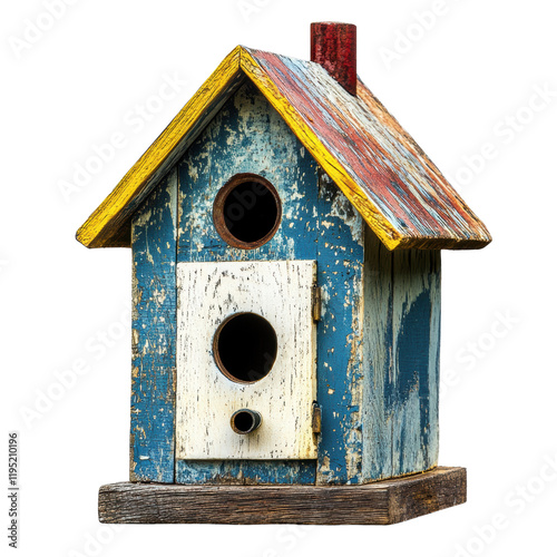 Colorful Vintage Birdhouse with Rustic Charm on white background photo