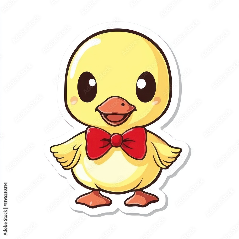 Obraz premium Cute yellow duckling wearing bowtie, sticker design, white background, children's illustration