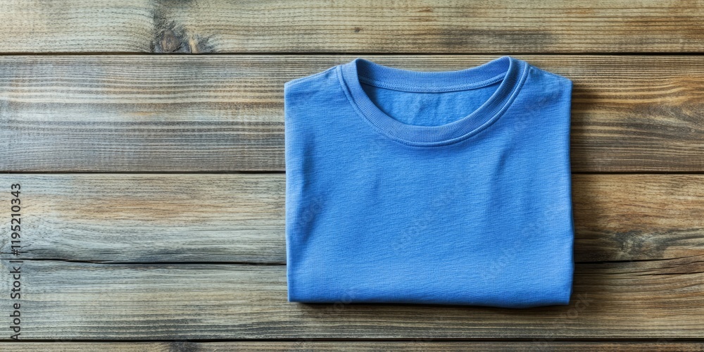 Folded blue t-shirt positioned centrally on a rustic wooden surface with a warm tone showcasing natural grain and texture.