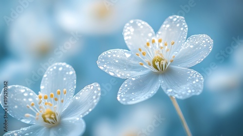White wildflowers emerge against soft blue backdrop with dreamy bokeh effect. Morning dew and gentle backlighting create ethereal mood in minimalist floral macro composition.