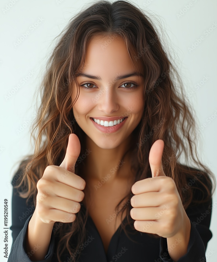 Smiling woman with curly hair giving thumbs up in bright indoor setting Smiling woman with curly hair giving thumbs up in bright indoor setting