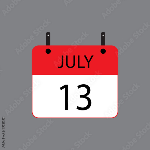 Calendar icon with July 13 date on grey background. Vector schedule symbol.