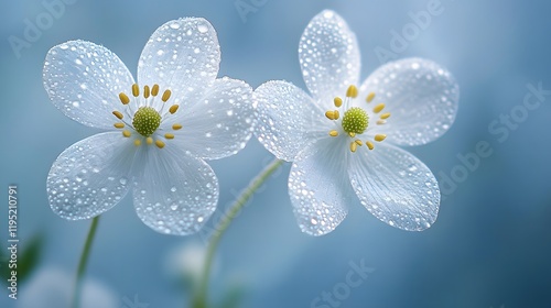 White wildflowers emerge against soft blue backdrop with dreamy bokeh effect. Morning dew and gentle backlighting create ethereal mood in minimalist floral macro composition.