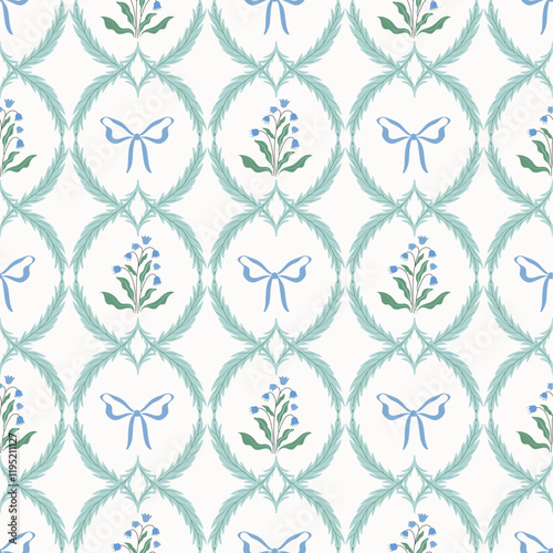 Vintage seamless pattern with spring bluebells  and blue coquette ribbons, elegant floral bouquets wallpaper, trendy background
