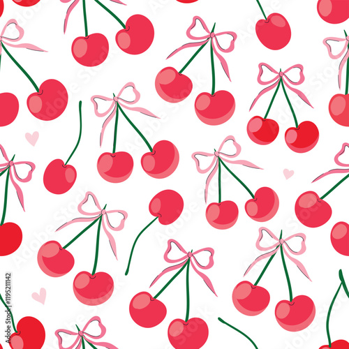 Coquette cherry seamless pattern, elegant trendy background with fresh fruits and bows, spring summer wallpaper