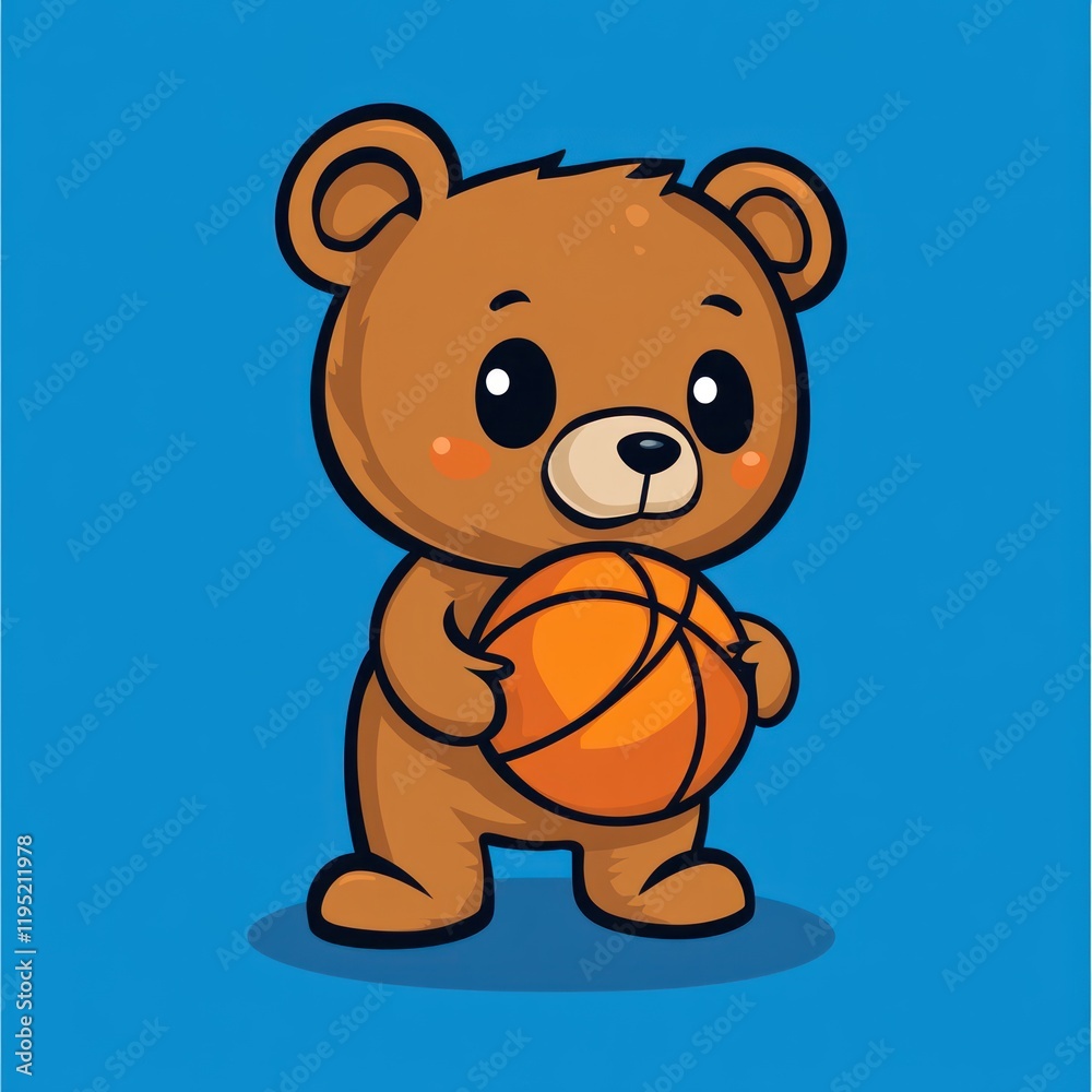 Cute bear cub holding basketball, blue background, mascot design Cute bear cub holding basketball, blue background, mascot design