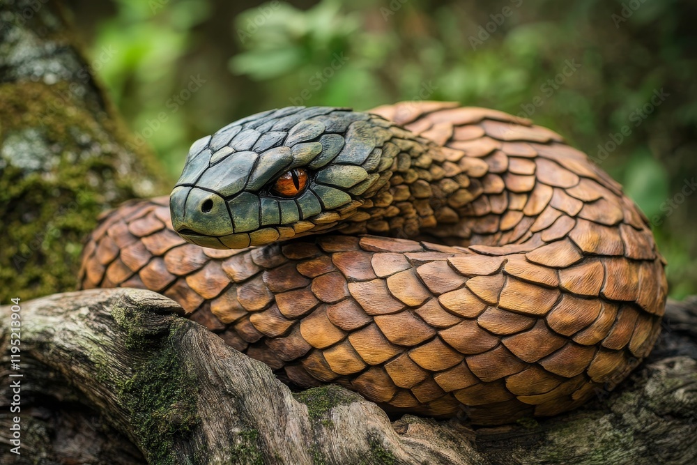 Coiled reptile sculpture, textured scales, wood background. Coiled reptile sculpture, textured scales, wood background.