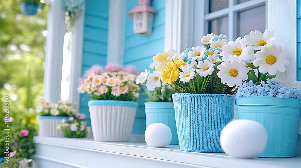 Fototapeta premium Spring Flowers in Blue Pots on Porch