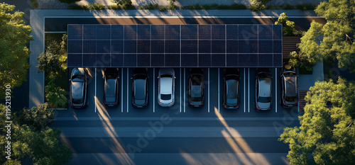 Aerial view of a parking lot featuring solar panels atop carports, providing shade and renewable energy for electric vehicles parked underneath. Sunlight illuminates the scene.