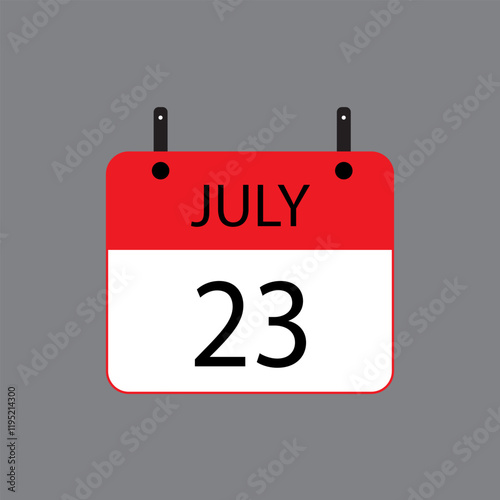 Calendar icon with July 23 date on grey background. Vector schedule symbol.