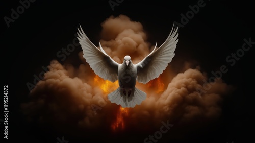 A pure white dove flying through a fire, symbolizing the Holy Spirit prevailing through trials photo