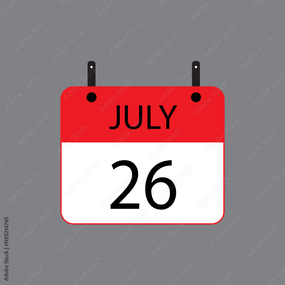 Calendar icon with July 26 date on grey background. Vector schedule symbol. Calendar icon with July 26 date on grey background. Vector schedule symbol.