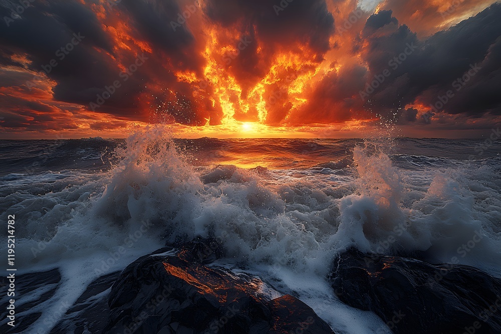 Fototapeta premium Dramatic Sunset Over Ocean with Crashing Waves and Fiery Sky