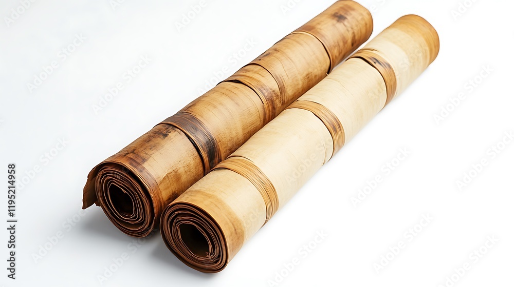 Two rolled-up bamboo mats placed side by side on a white background. Two rolled-up bamboo mats placed side by side on a white background.