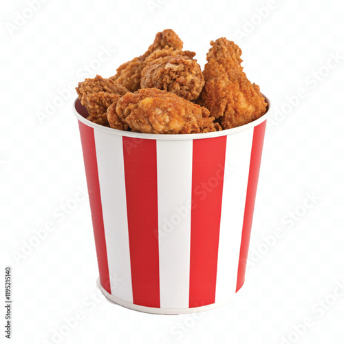 abstract 3d Fried chicken in big red white stripes bucket box isolated on white background