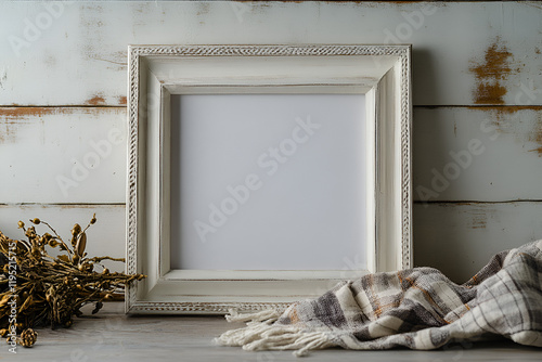 Rustic Elegance: A white ornate frame rests on a weathered wooden table, accented by a cozy striped throw and a delicate sprig of dried foliage, creating a tranquil and inviting scene.   photo