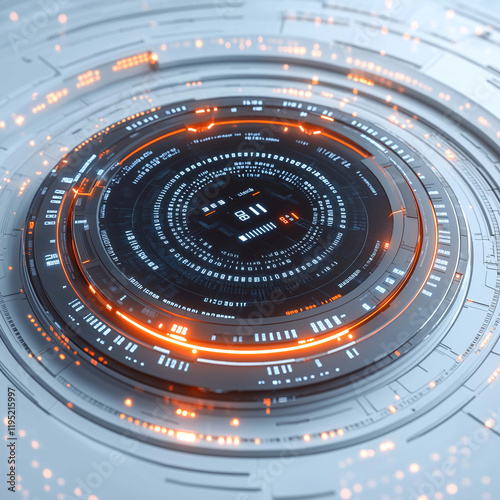 Futuristic digital interface with glowing orange accents and intricate patterns, showcasing advanced technology and data visualization