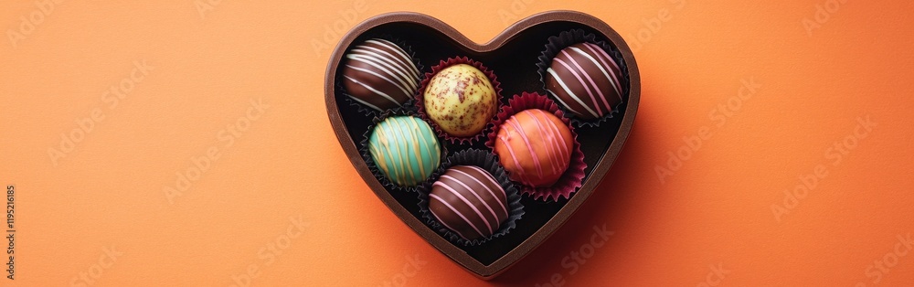 Obraz premium A vibrant heart-shaped box of colorful truffles, ideal for Valentine's Day gifting or festive occasions.