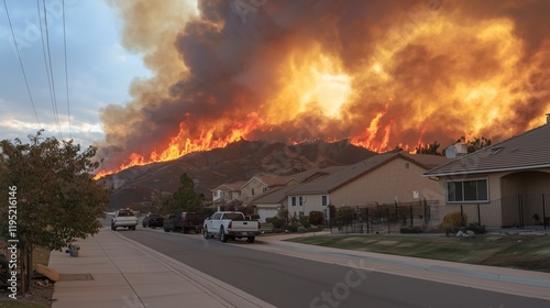 Intense wildfire approaching residential neighborhood, threatening homes and safety. photo