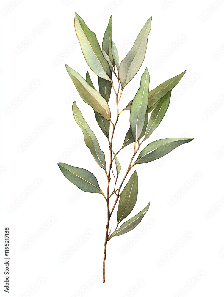 Fototapeta premium Eucalyptus Sprig: Delicate yet striking, a single branch of eucalyptus leaves unfolds against a clean background, showcasing the intricate details of its elongated, silver-green foliage.