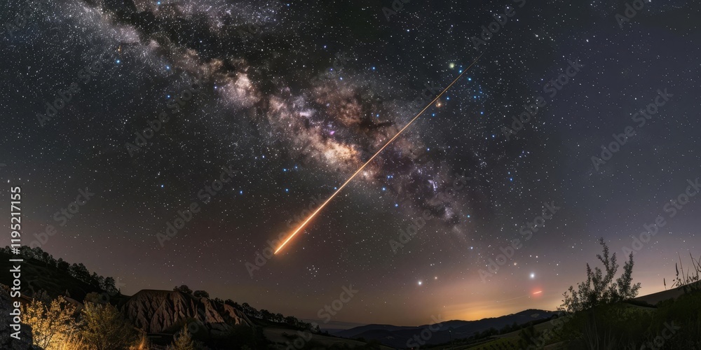 A stunning view of the Milky Way with a bright meteor streaking across the night sky. A stunning view of the Milky Way with a bright meteor streaking across the night sky.