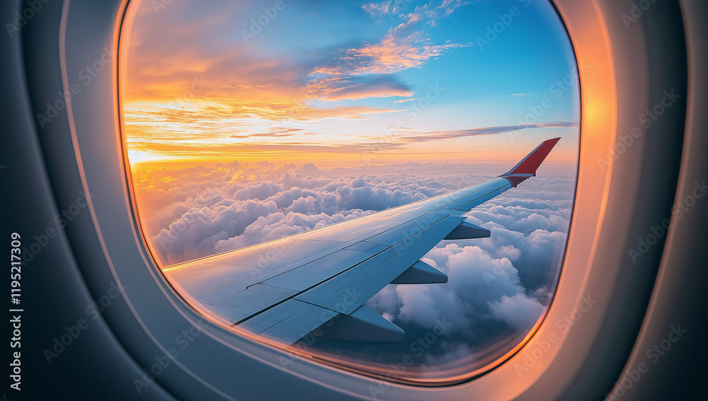 Stunning sunset view from airplane window. Wing visible, clouds below bathed in golden light. Breathtaking aerial perspective. Stunning sunset view from airplane window. Wing visible, clouds below bathed in golden light. Breathtaking aerial perspective.