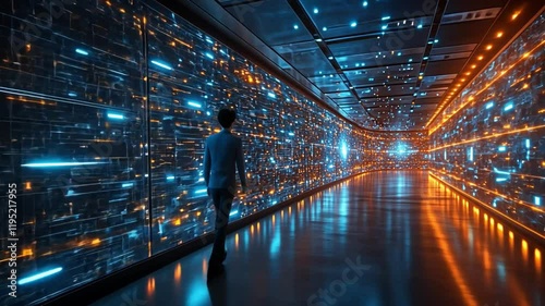 Cyberpunk Cityscape: A solitary figure stands in awe before a towering, futuristic data center, bathed in vibrant neon blue and orange lights.