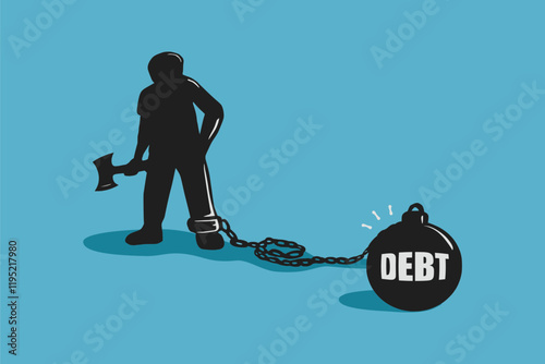 The man with the axe is ready to cut the chain of the heavy metal ball. The concept of free from debt.