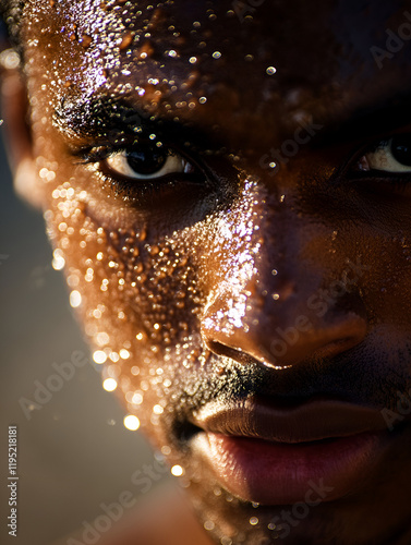 The Grit of Determination: Close-up portrait of a determined man, his face glistening with sweat, showcasing the intensity and focus of pushing past limits. The light plays across his skin. photo