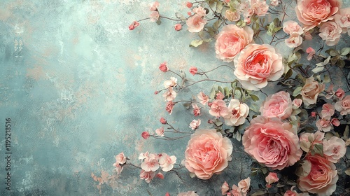 Wallpaper Mural A beautiful arrangement of soft pink roses against a textured, turquoise background, creating a serene and elegant floral composition. Torontodigital.ca