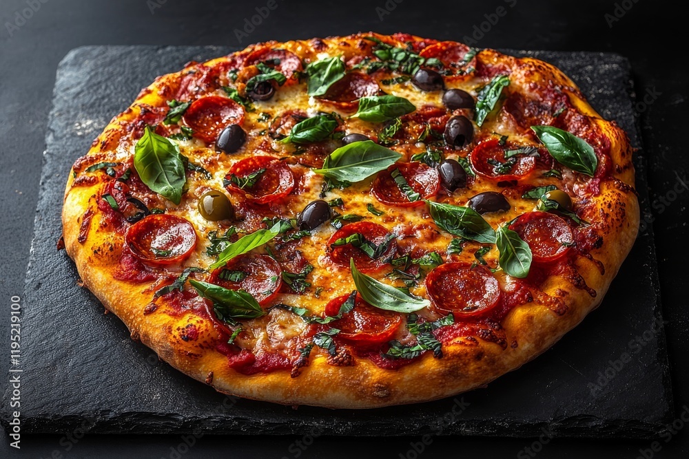 A freshly baked pizza served on a square slate board. Generative AI