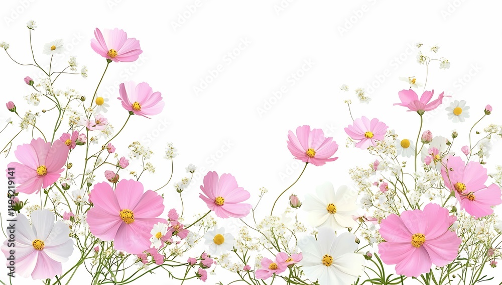 Charming floral border of pink and white flowers nature scene digital artwork bright atmosphere Charming floral border of pink and white flowers nature scene digital artwork bright atmosphere