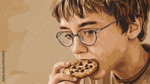 Boy Wearing Glasses Eats Chocolate Chip Cookie photo