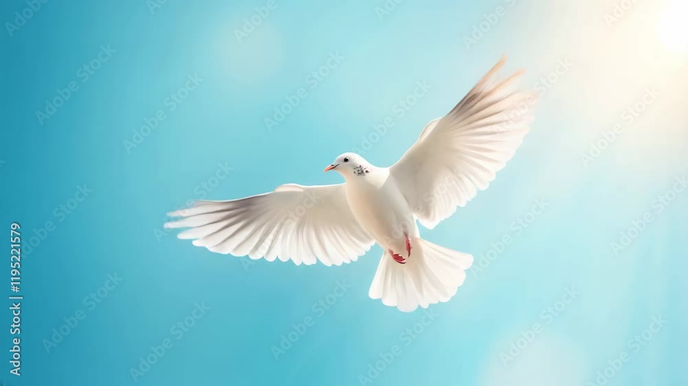 White dove in mid-flight against a bright blue sky, symbolizing peace and freedom White dove in mid-flight against a bright blue sky, symbolizing peace and freedom