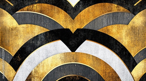 Wallpaper Mural Abstract geometric design with layered curves in gold, black, and white tones. Torontodigital.ca